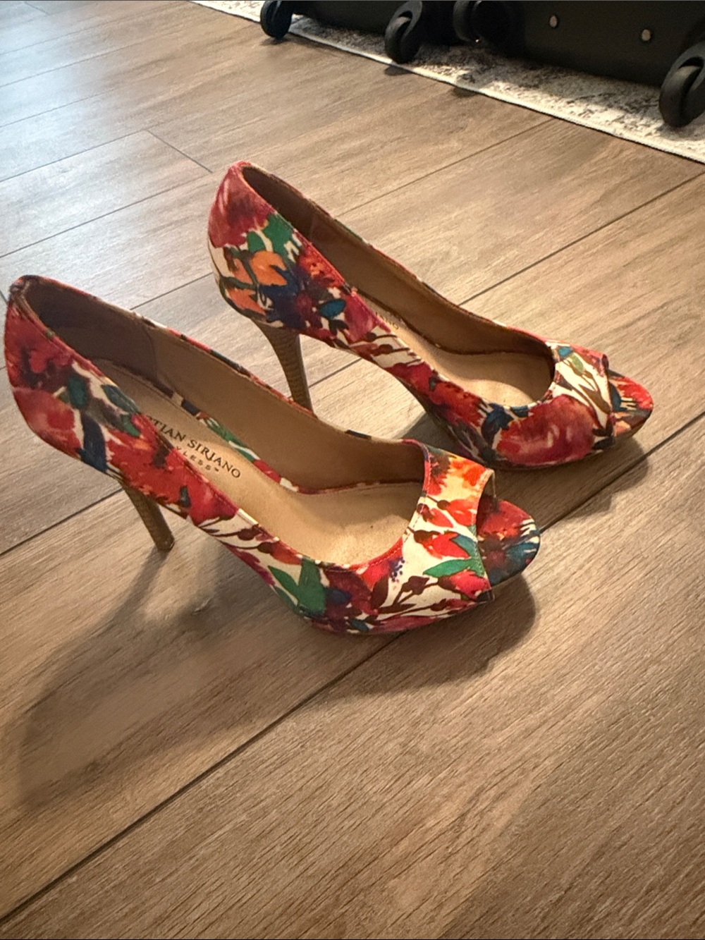 Christian Siriano Multicolor Floral Peep-Toe Heels — Red, Green, Blue
